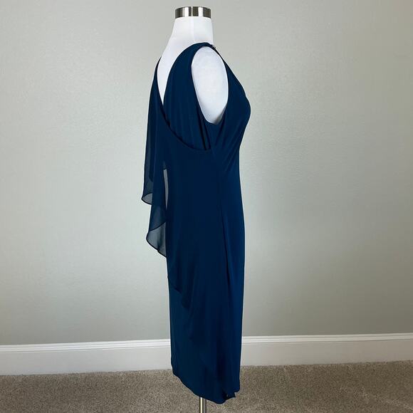 Ralph Lauren Ruffled Beaded Midi Sheath Cocktail Dress Blue Size 8 Draped V-Neck - Picture 5 of 13
